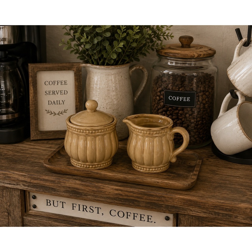 Homestead At Home America‎ Cream and Sugar Set Tan Ribbed Beaded Ceramic Farm
